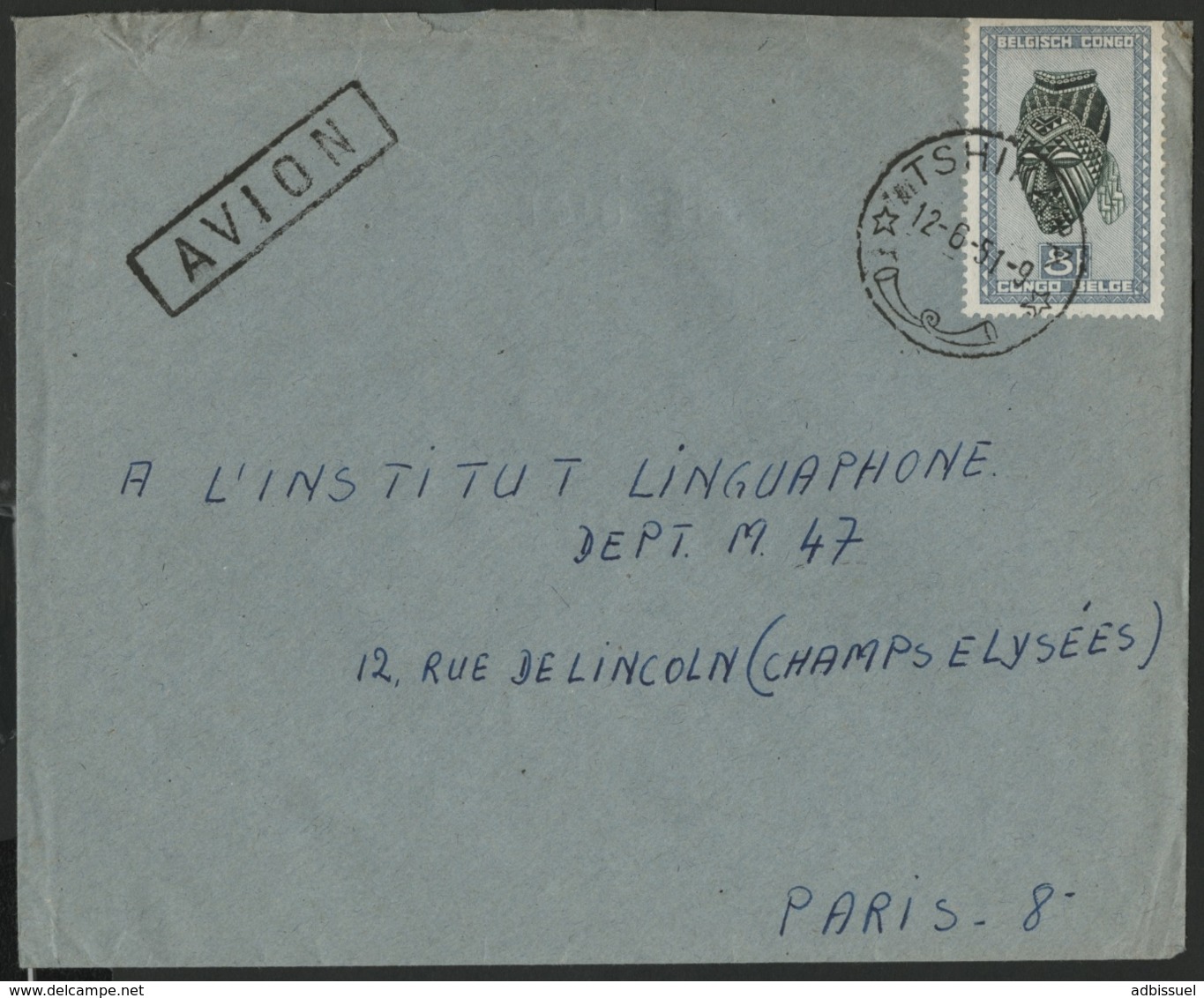 CONGO BELGE "TSHIKAPA" Obl. Cachet à Date Sur N° 288 A. Sur Enveloppe Par Avion Pour La France. - Briefe U. Dokumente