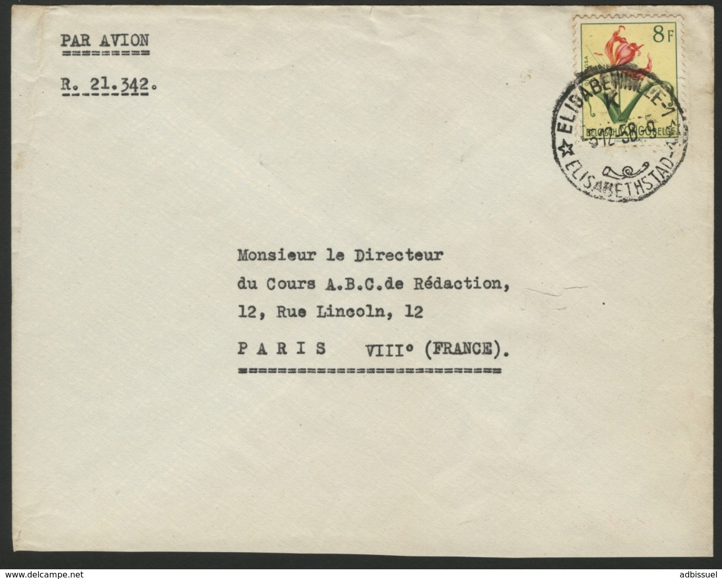 CONGO BELGE "ELISABETHVILLE-1 / K" Obl. Cachet à Date Sur N° 319. Sur Enveloppe Par Avion Pour La France. - Covers & Documents