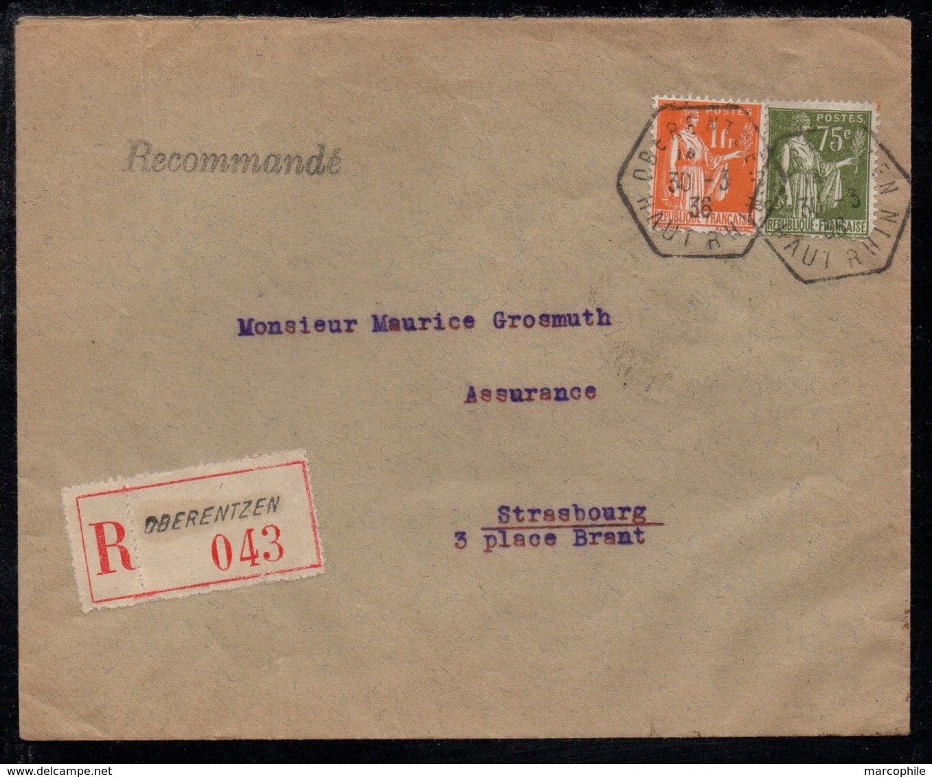 OBERENTZEN - HAUT RHIN - ALSACE / 1936  LETTRE RECOMMANDEE POUR STRASBOURG (ref LE3697) - Autres & Non Classés