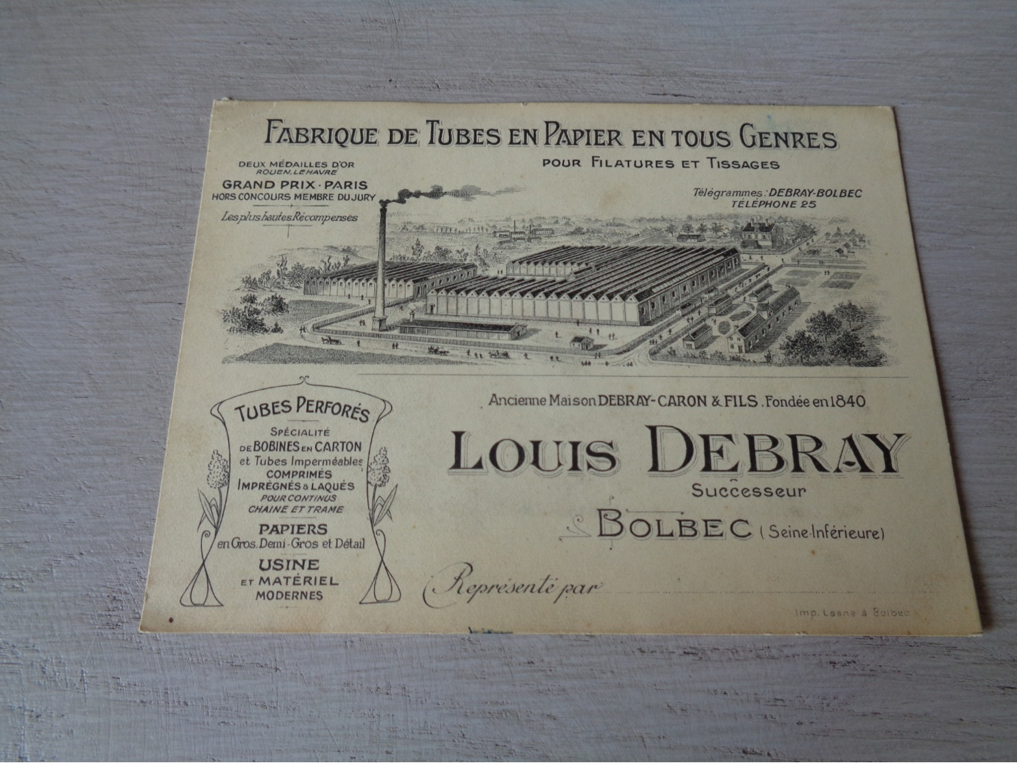 Carte ( 130 ) De Visite  Visitekaart  Publicité  Reclame : Louis Debray  Bolbec ( Seine Inférieure ) Tubes En Papier - Cartoncini Da Visita