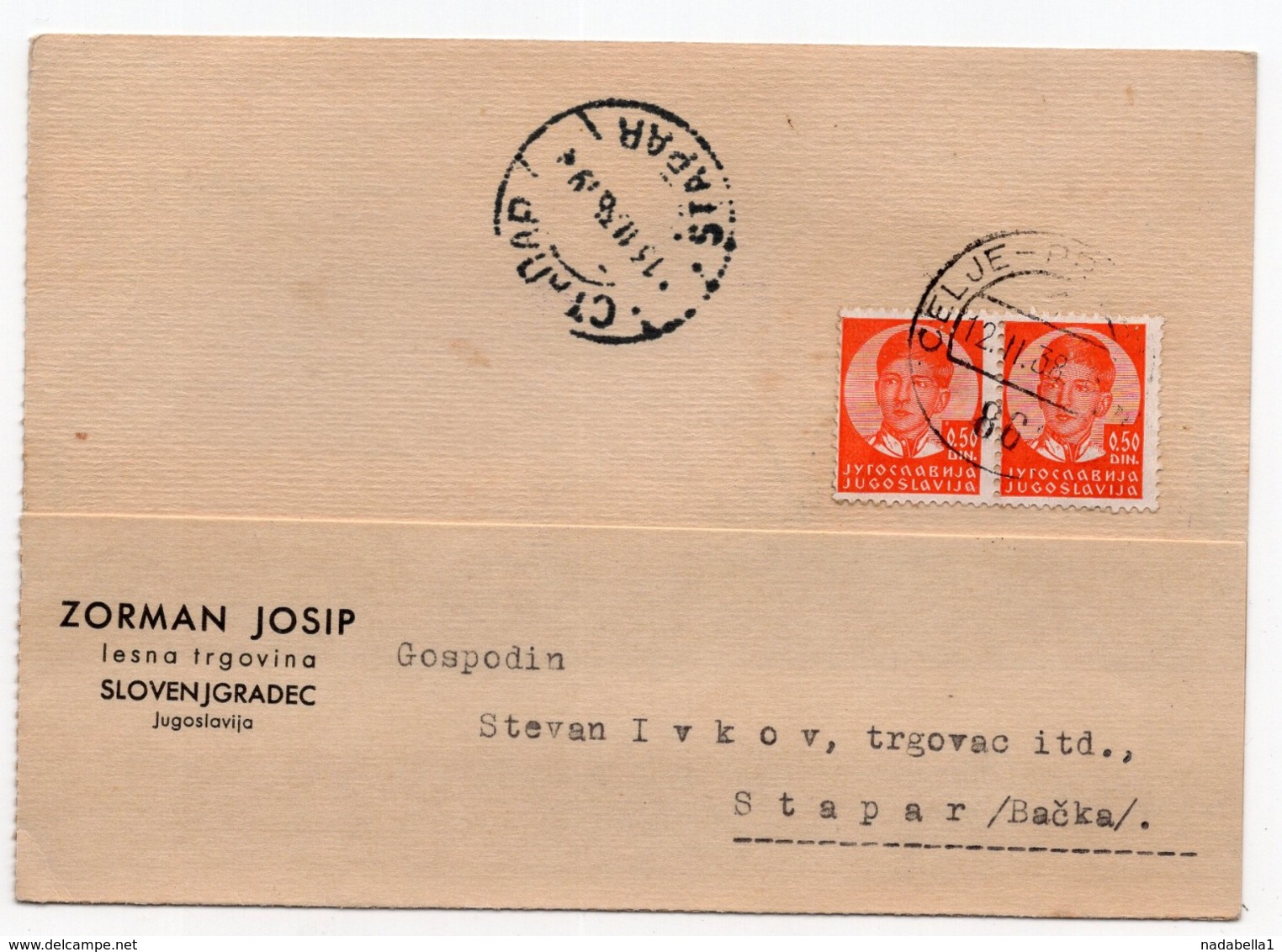 1938 YUGOSLAVIA, SLOVENIA, TPO CELJE-PREVALJE NO 86, CORRESPONDENCE CARD, ZORMAN , SLOVENJ GRADEC TO STAPAR - Storia Postale