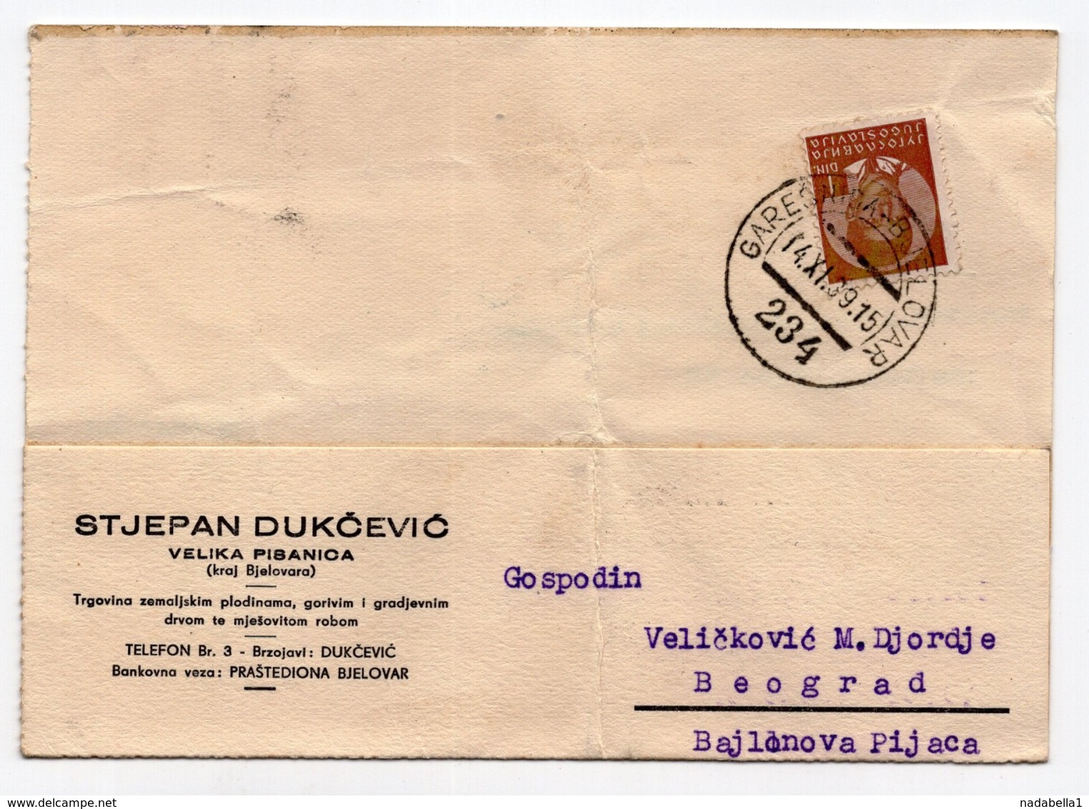 1939 YUGOSLAVIA, CROATIA, TPO GAREŠNICA - BJELOVAR NO 234, CORRESPONDENCE CARD, DUKCEVIC, VELIKA PISANICA TO BELGRADE, - Covers & Documents