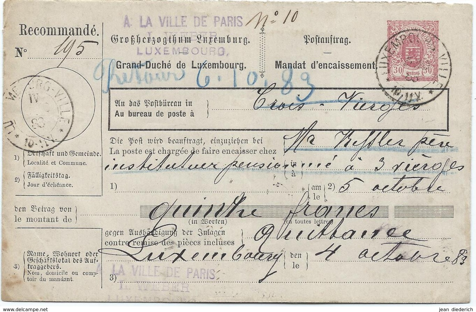 Mandat D'Encaissement / Lettre De Recouvrement De Luxembourg Ville 05-10-1883 Pour Troisvierges - Autres & Non Classés