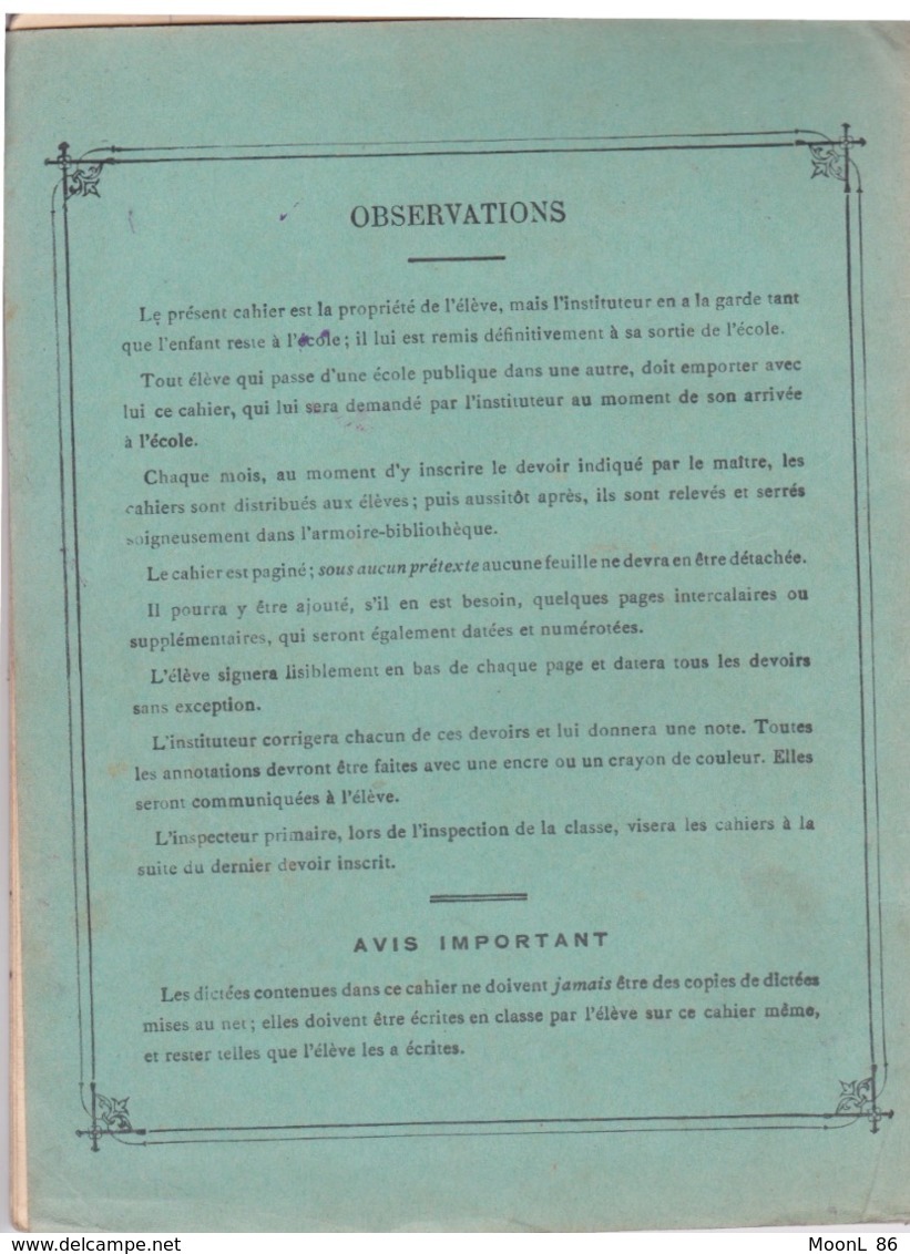 ANCIEN CAHIER SPECIAL - DEVOIRS MENSUELS -  ECRITURE DE 1937 - ECOLE PRIMAIRE - GENDRON LIBRAIRE A TOURS - Autres & Non Classés