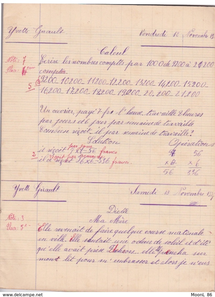 ANCIEN CAHIER SPECIAL - DEVOIRS MENSUELS -  ECRITURE DE 1937 - ECOLE PRIMAIRE - GENDRON LIBRAIRE A TOURS - Autres & Non Classés