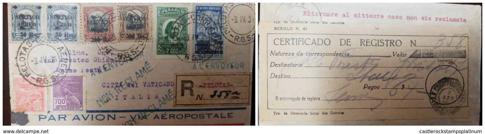 O) 1931 BRAZIL, NON  RECLAME - NON CLAIM, REGISTERED FROM PELOTAS, DUKE OF CAXIAS, BARTHOLOMEU DE GUSMAO, RUY BARBOSA, B - Covers & Documents