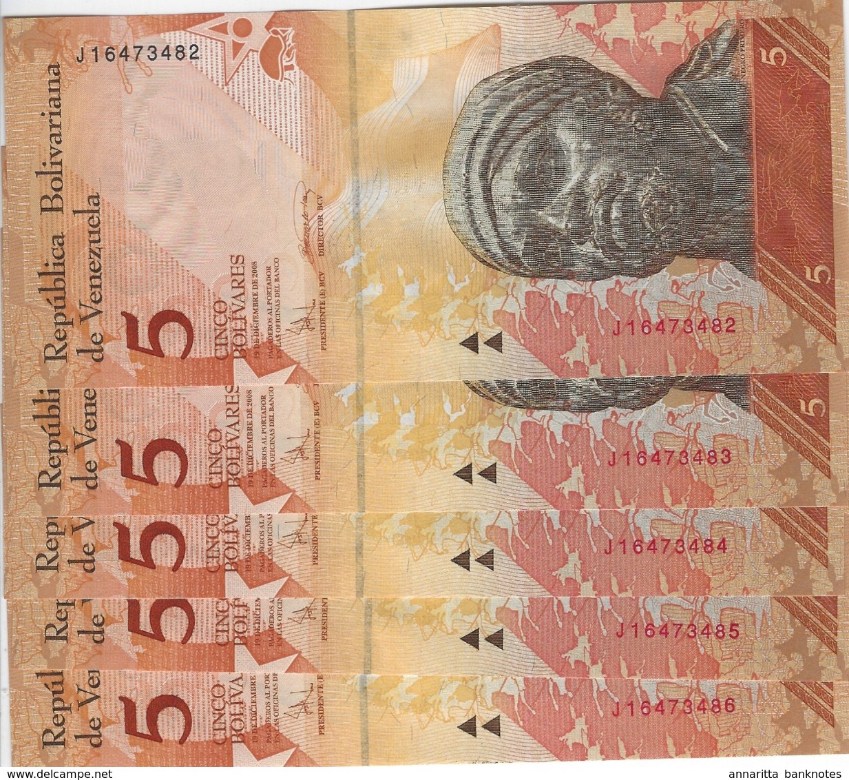 VENEZUELA 5 BOLIVARES 2008 P-89b UNC 19.12.2008 5 PCS [VE859c] - Venezuela