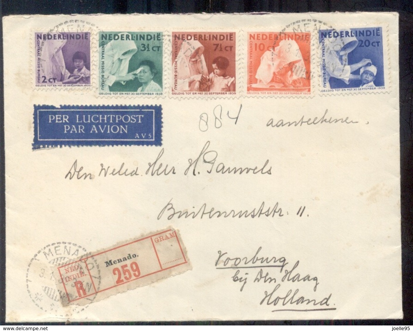 Nederlands Indië - 1939 - Luchtpost - Complete Serie 241/245 - Menado - Voorburg - Den Haag - Aangetekend - 3.1.39 Menad - Postwaardestukken