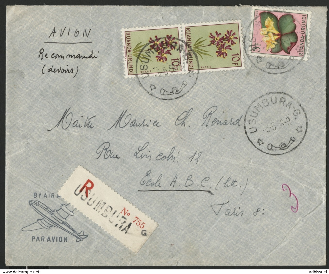 RUANDA URUNDI "USUMBURA G" Recommandé / Obl. Cachet à Date Sur N° 189 + 194(x2). Sur Enveloppe Par Avion Pour La France. - Covers & Documents