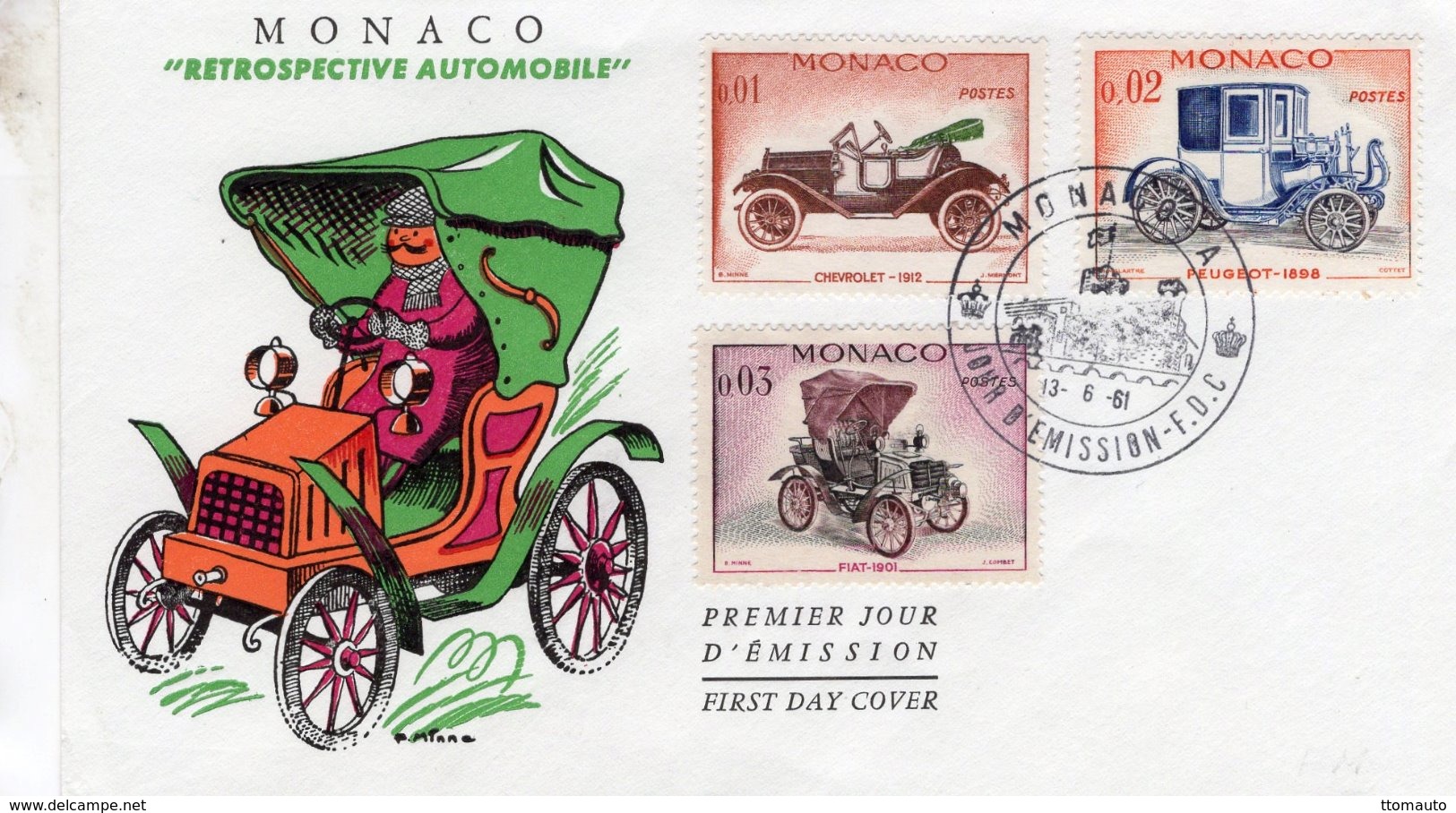 Monaco  -  'Retrospective Automobile  -  Fiat-Chevrolet-Peugeot  -  3v Premier Jour Enveloppe   -  FDC - Voitures