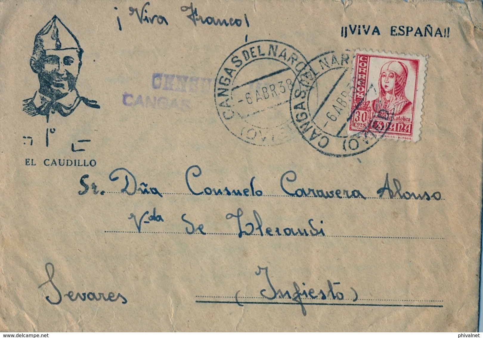 1938 , SOBRE CIRCULADO , ASTURIAS , CANGAS DEL NARCEA - INFIESTO , CENSURA MILITAR HELLER C42.2 , CASA ESCUELA DE CORIAS - Cartas & Documentos