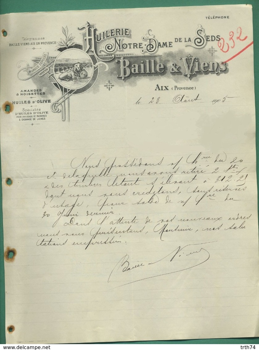 13 Aix En Provence Baille Et Viens Huilerie Notre Dame De La Seds Huiles D' Olive Amandes Et Noisettes 1905 ( Logo Lion - Alimentare