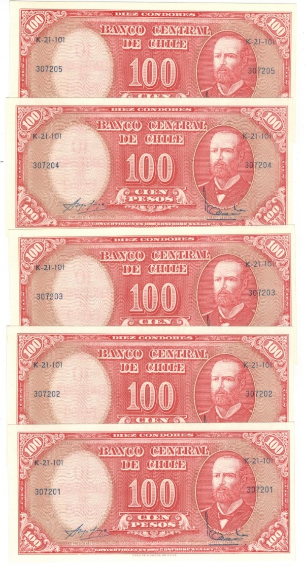 Chile 10 Centesimos On 100 Pesos. P-127a X 5. UNC - Chili