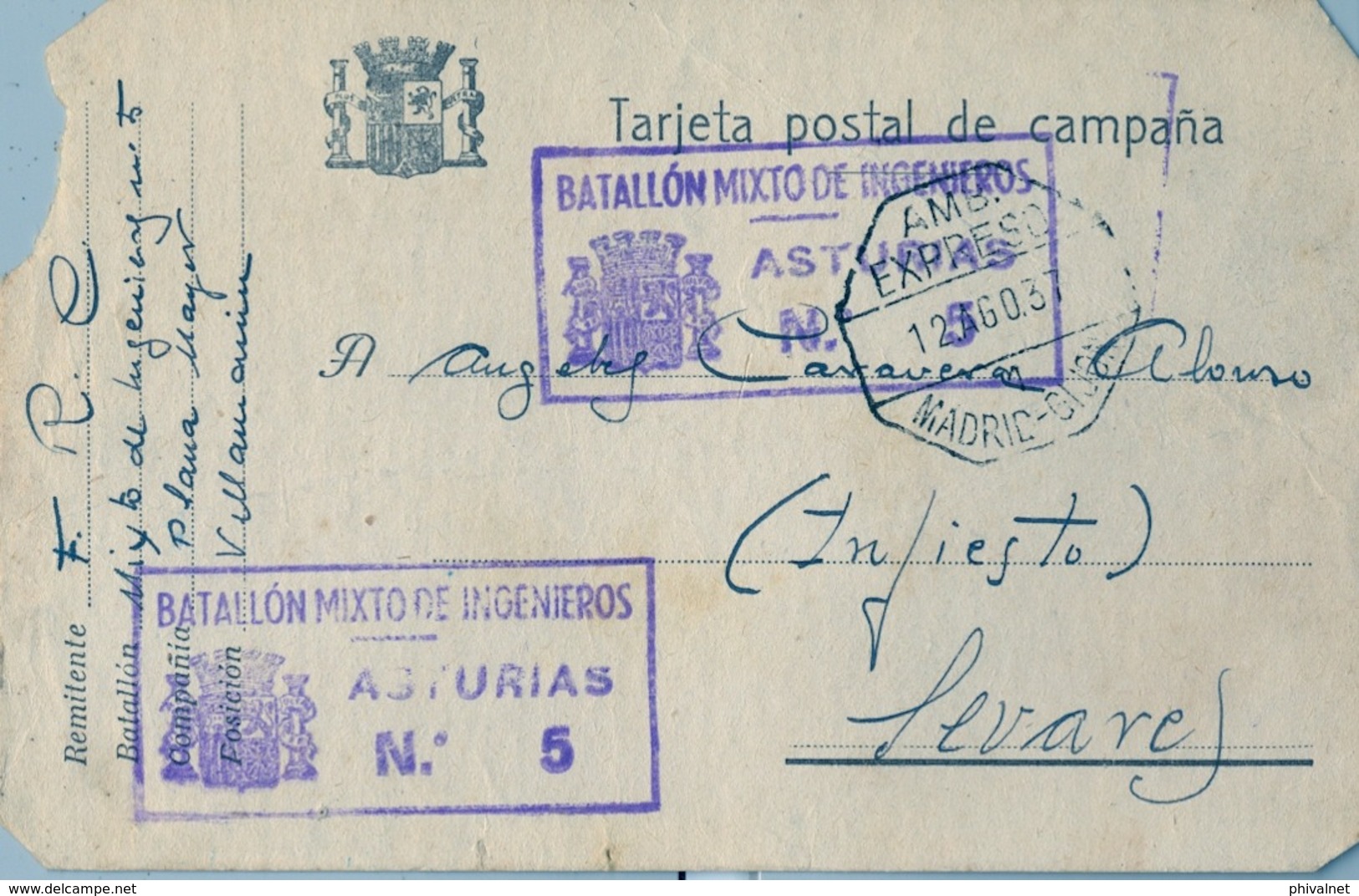 1937 , TARJETA P. DE CAMPAÑA , LEÓN -(  VILLAMANIN - INFIESTO ) , BAT. MIXTO DE INGENIEROS / ASTURIAS Nº 5 , AMBULANTE - Cartas & Documentos