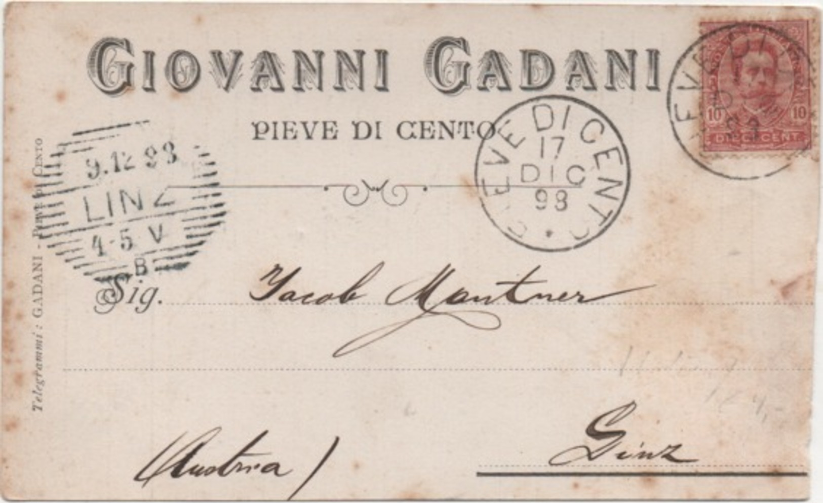 Pieve Di Cento (Ferrara): Giovanni Gadani. Viaggiata 1898 Poer Linz Annullo Esagonale - Ferrara