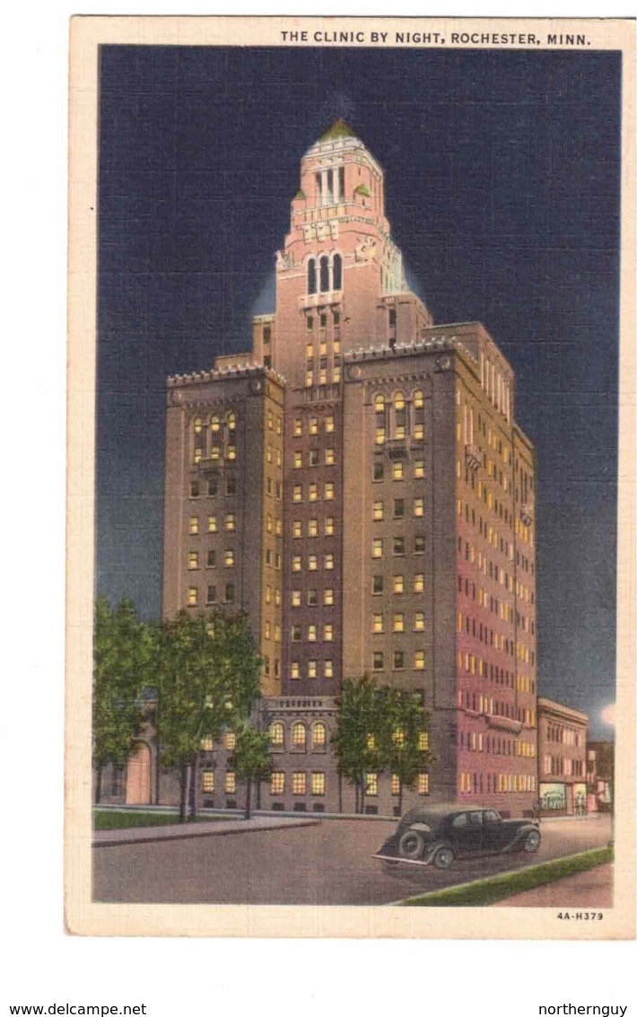 ROCHESTER, Minnesota, USA,  "The (Mayo?) Clinic By Night, Rochester, Minn". 1938 Linen Postcard - Rochester