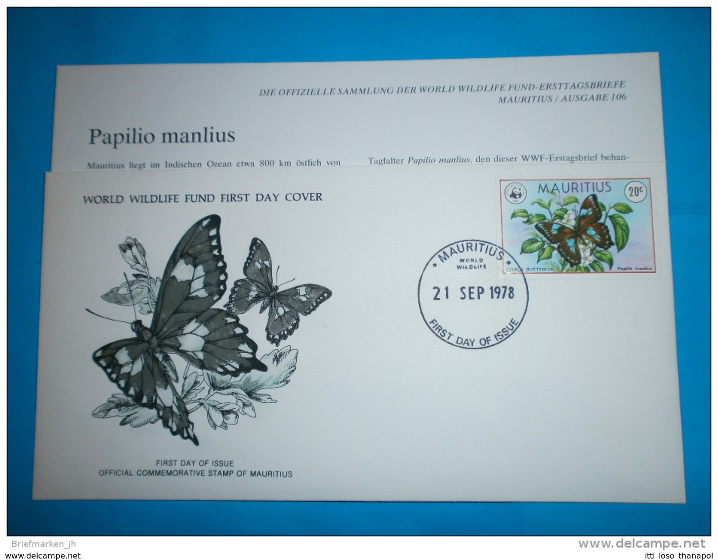 MAURITIUS WWF FDC + Karte Tiere - 463 Schmetterlinge Papilio Manlius (Scan)(70873) AG - Mauritius (1968-...)