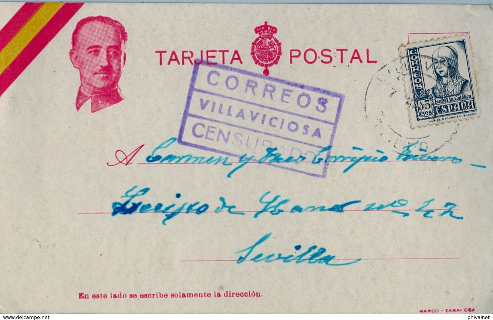 1938 , ASTURIAS , TARJETA POSTAL CIRCULADA , VILLAVICIOSA - SEVILLA , MARCA DE CENSURA DE VILLAVICIOSA - Cartas & Documentos