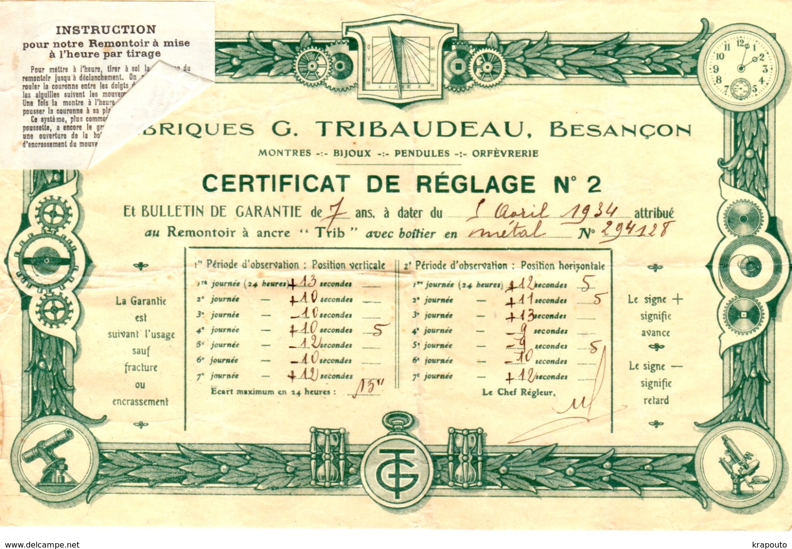 Certificat Réglage De Montre TRIBAUDEAU  1934 - Matériel Et Accessoires