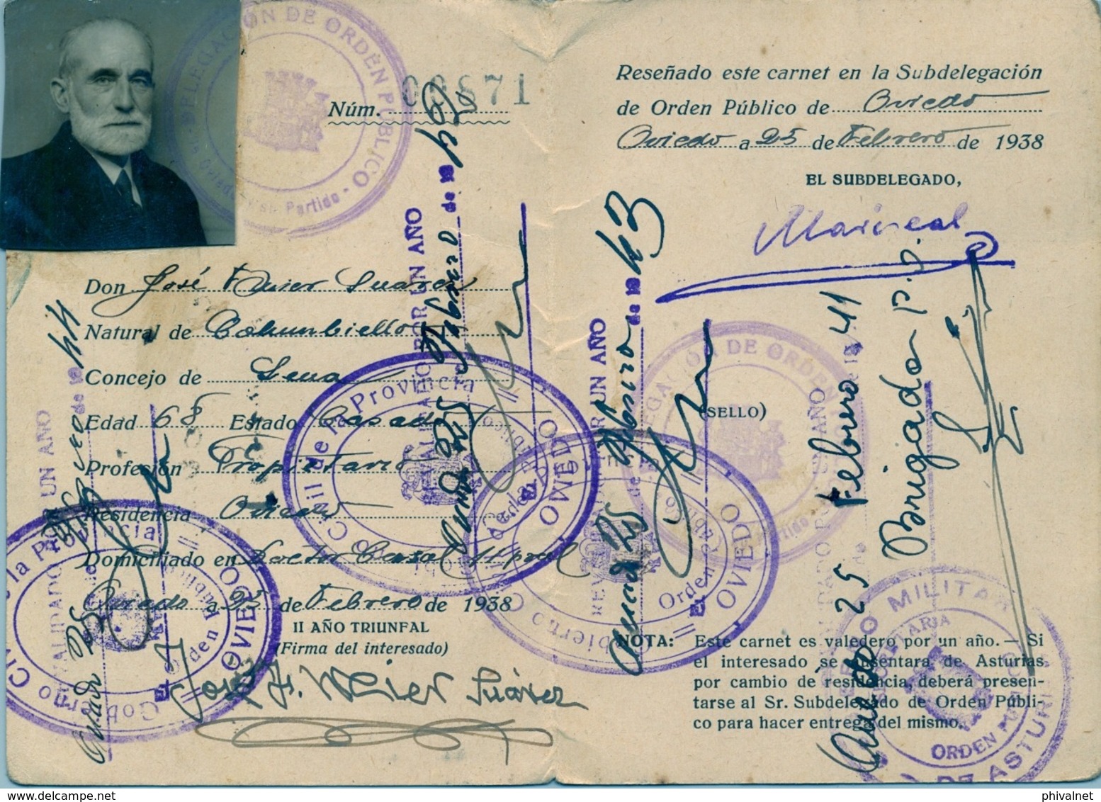 1938 , ASTURIAS , ORDEN PÚBLICO , CARNET DE IDENTIDAD , DIVERSAS MARCAS Y VALIDACIONES , INTERESANTE Y RARO - Documentos Históricos