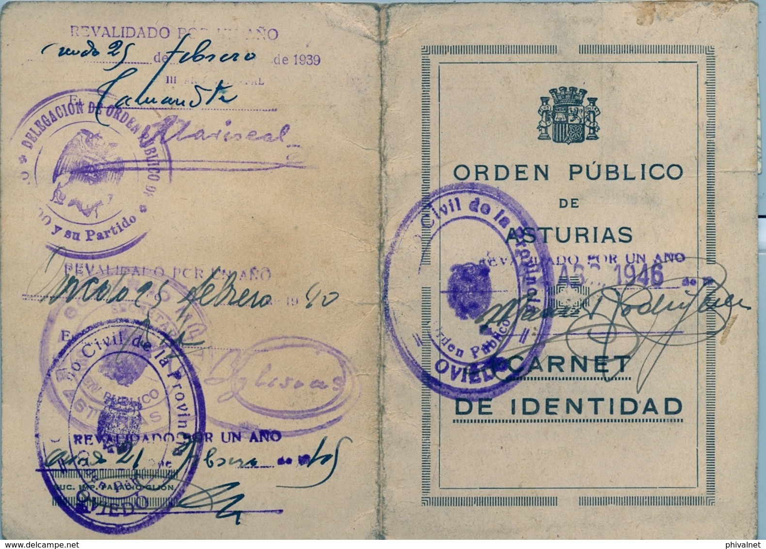 1938 , ASTURIAS , ORDEN PÚBLICO , CARNET DE IDENTIDAD , DIVERSAS MARCAS Y VALIDACIONES , INTERESANTE Y RARO - Documentos Históricos