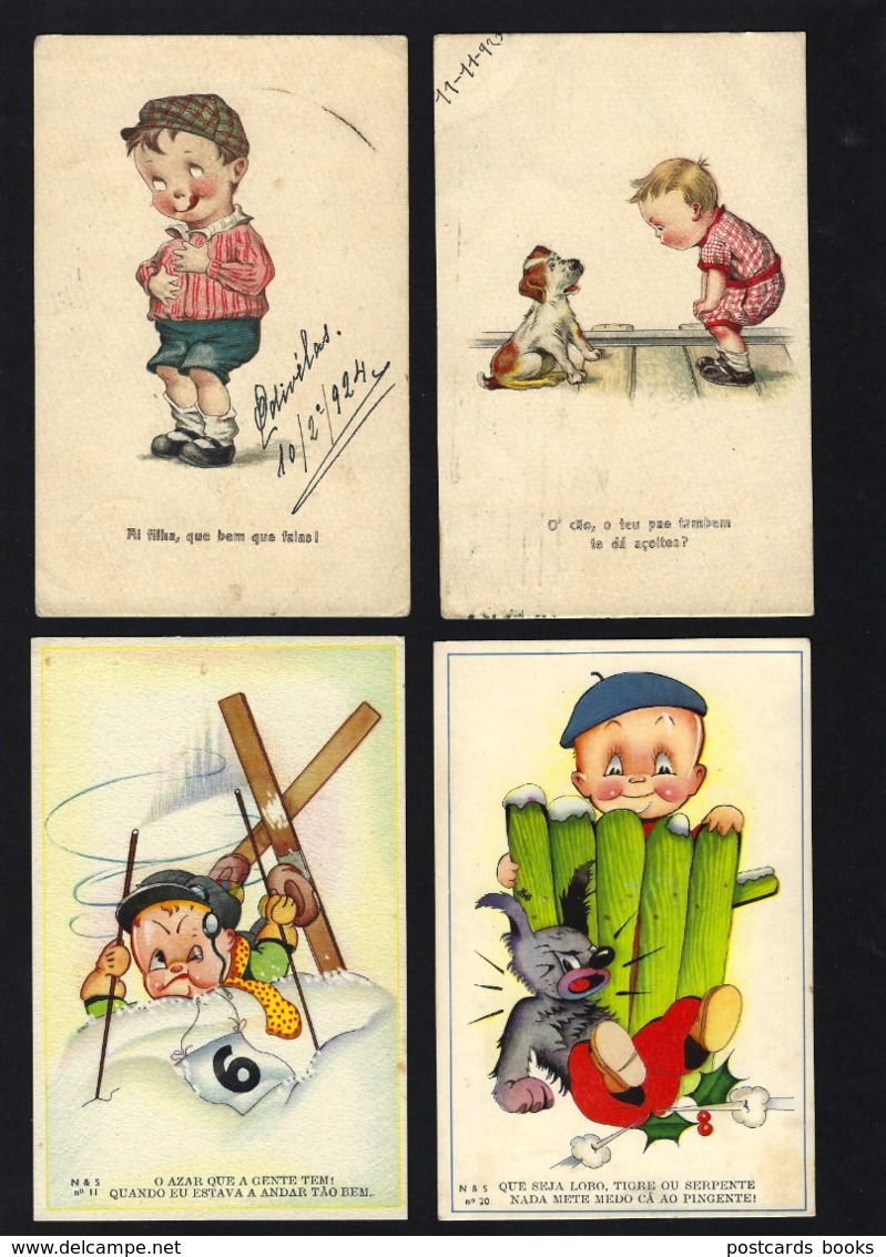 4 X Postais COMICOS C/ Legenda Em Português. Set Of 4 Vintage COMIC Postcards PORTUGAL 1920s - Autres & Non Classés