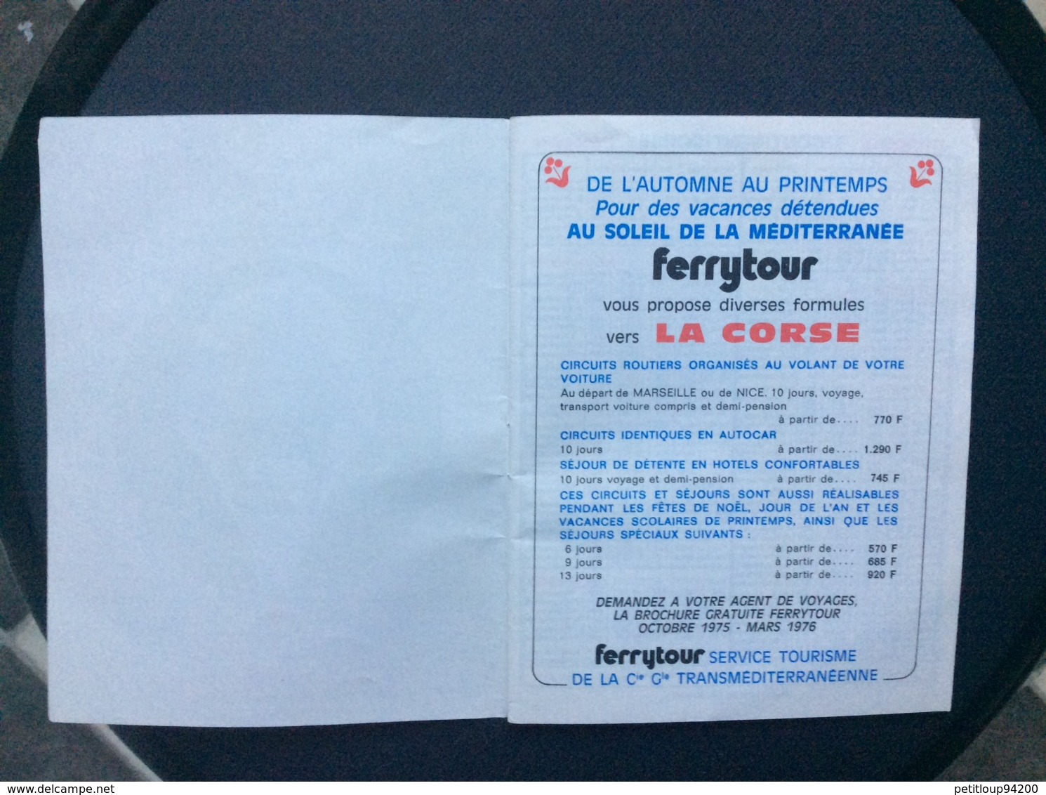 COMPAGNIE GÉNÉRALE TRANSMEDITERRANEENNE Horaires Des Car-Ferries  CORSE  Septembre 1975 > Juin 1976 - Other & Unclassified