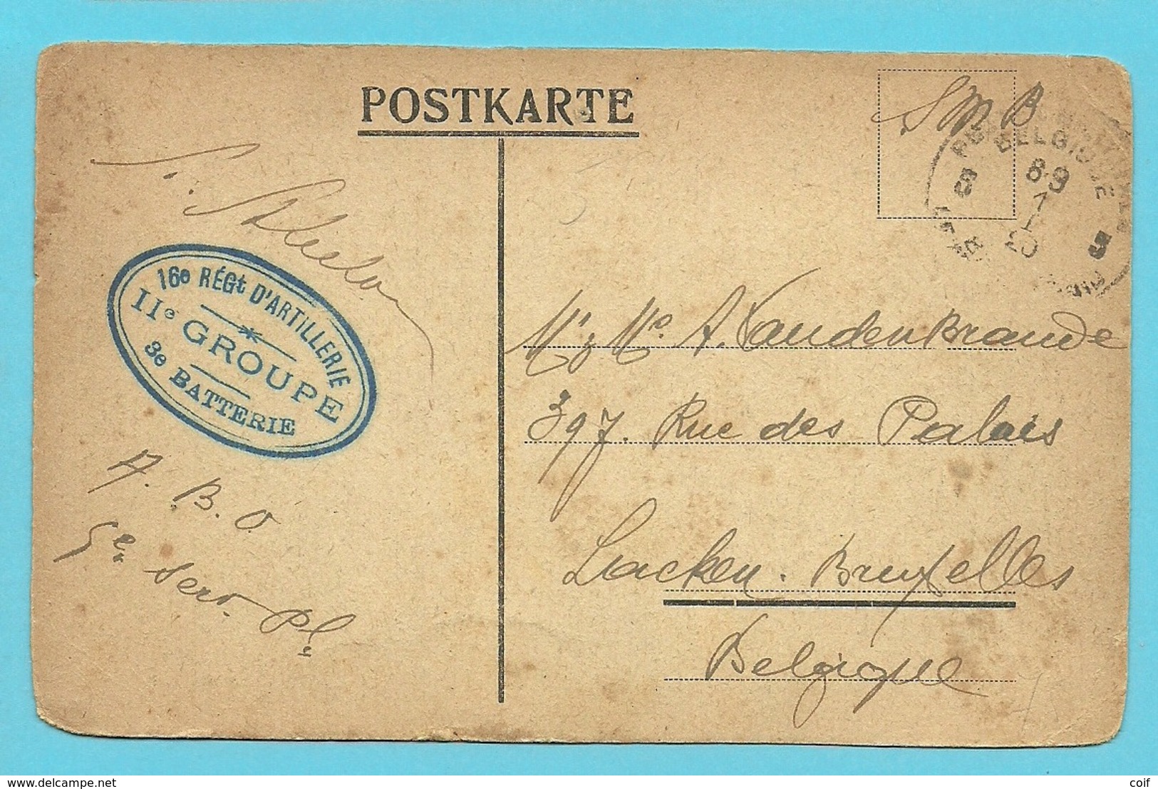 Kaart Met Stempel PMB 5 Op 1/1/20 Stempel " 16 Reg. D'ARTILLERIE / II° GROUPE / 3° BATTERIE" - Armeestempel