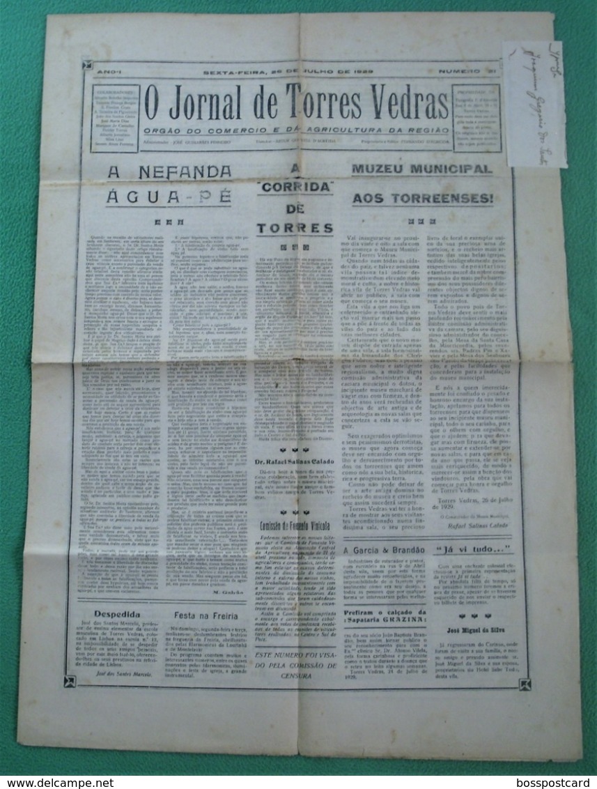 Torres Vedras - O Jornal De Torres Vedras Nº 21, 26 De Julho De 1929 - Imprensa (danificado) - Sonstige & Ohne Zuordnung