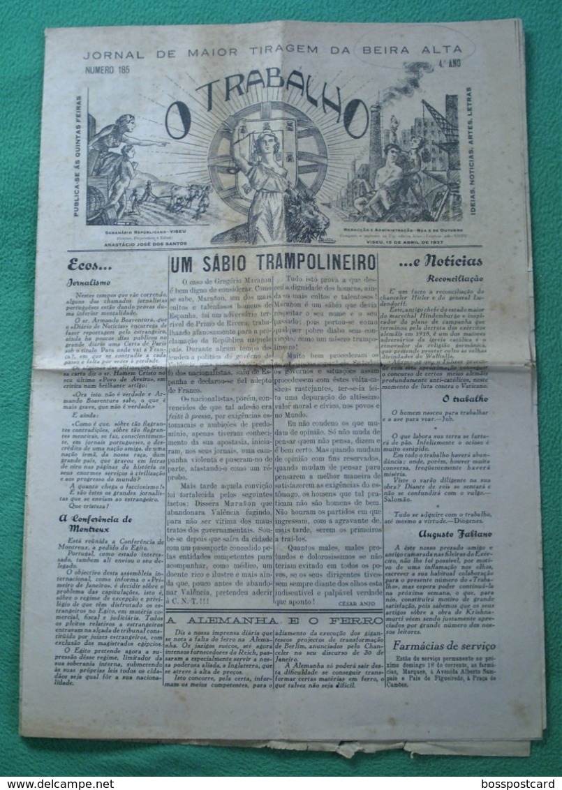 Viseu - Jornal O Trabalho Nº 185 De Abril De 1937 - Imprensa - Autres & Non Classés