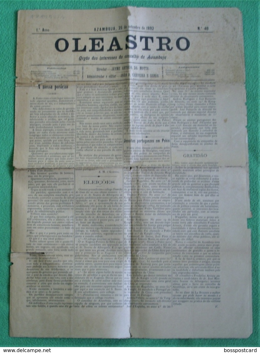 Azambuja - Jornal Oleastro Nº 40 De Setembro De 1892 - Imprensa. Santarém. - Autres & Non Classés