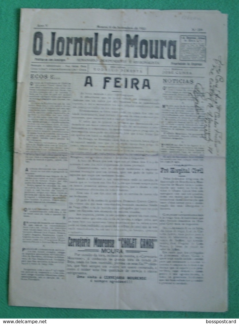 Moura - O Jornal De Moura Nº 216 De Setembro De 1925 - Imprensa. Beja. - Sonstige & Ohne Zuordnung