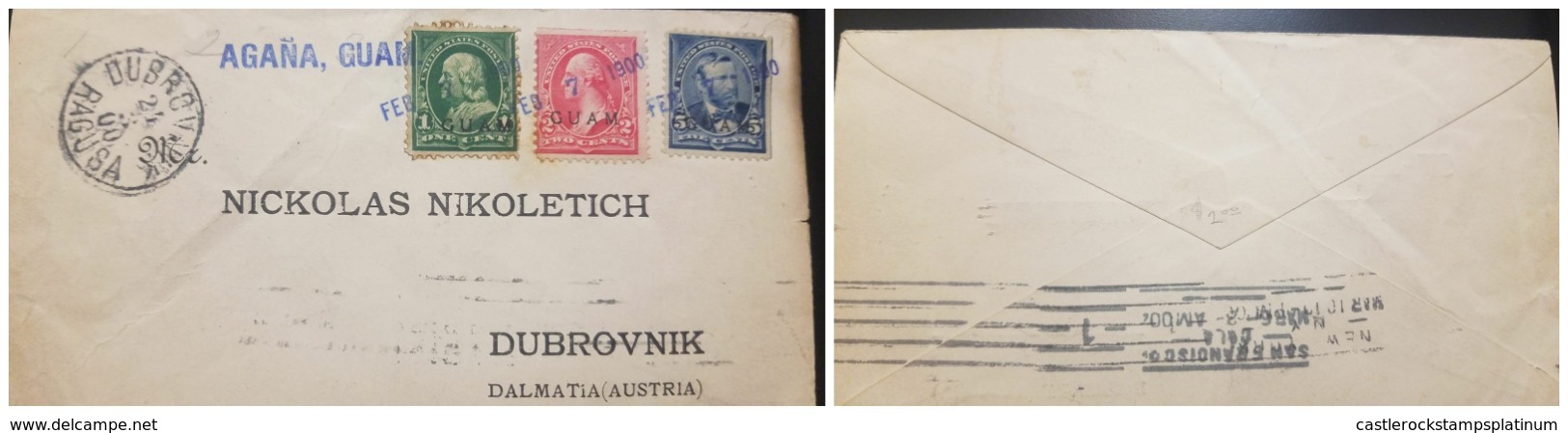 O) 1900 GUAM, AGANA CANCELLATION IN BLUE, FRANKLIN 1c - WASHINGTON 2c - GRANT 5c, SAN FRANCISCO AND NEW YORK TRANSIT CAN - Guam