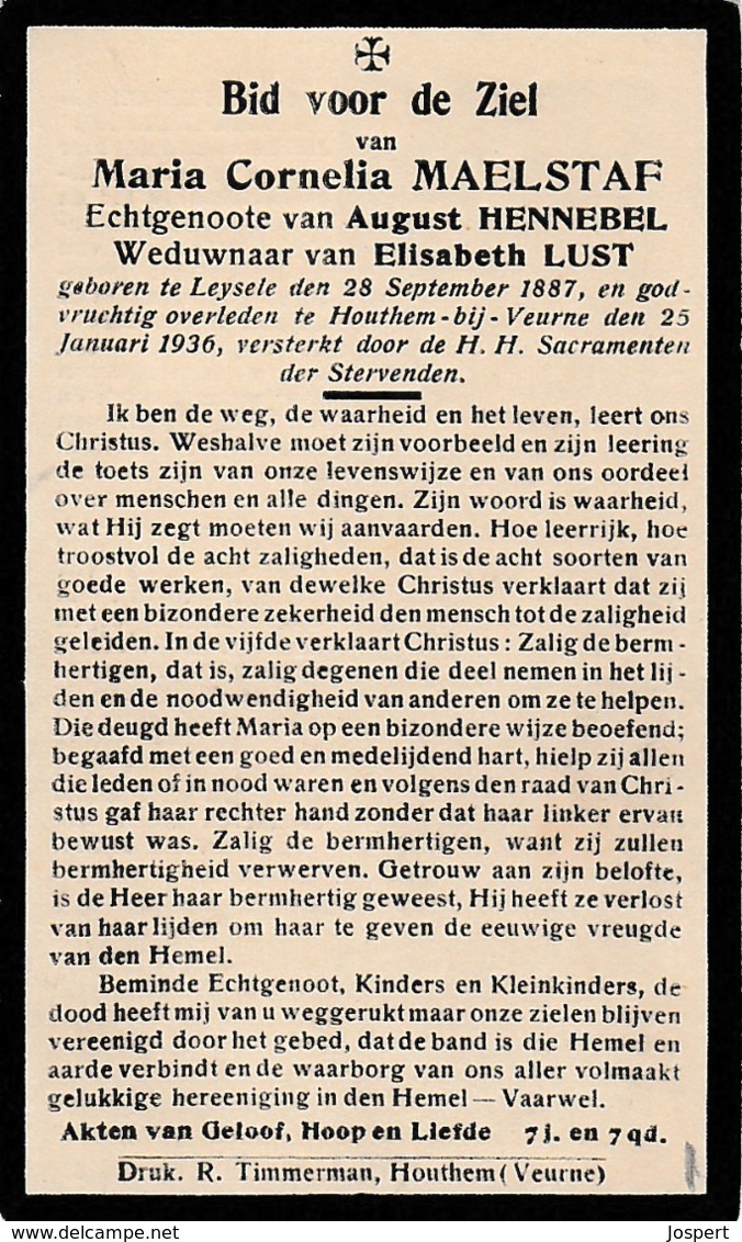 Leysele, Leisele,Houtem, Veurne, 1936, Maria Maelstaf, Hennebel, Lust - Images Religieuses
