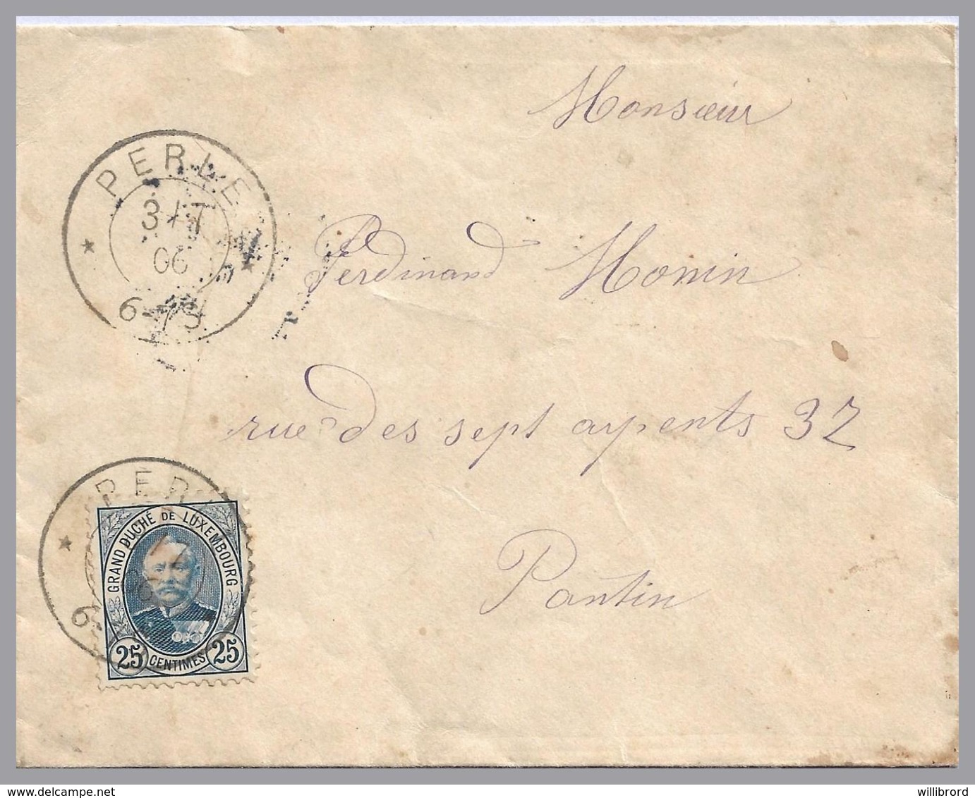 Luxembourg - 1906 25c Adolphe PERLE DOUBLE-CIRCLE CDS Cover To France - 1891 Adolphe De Face