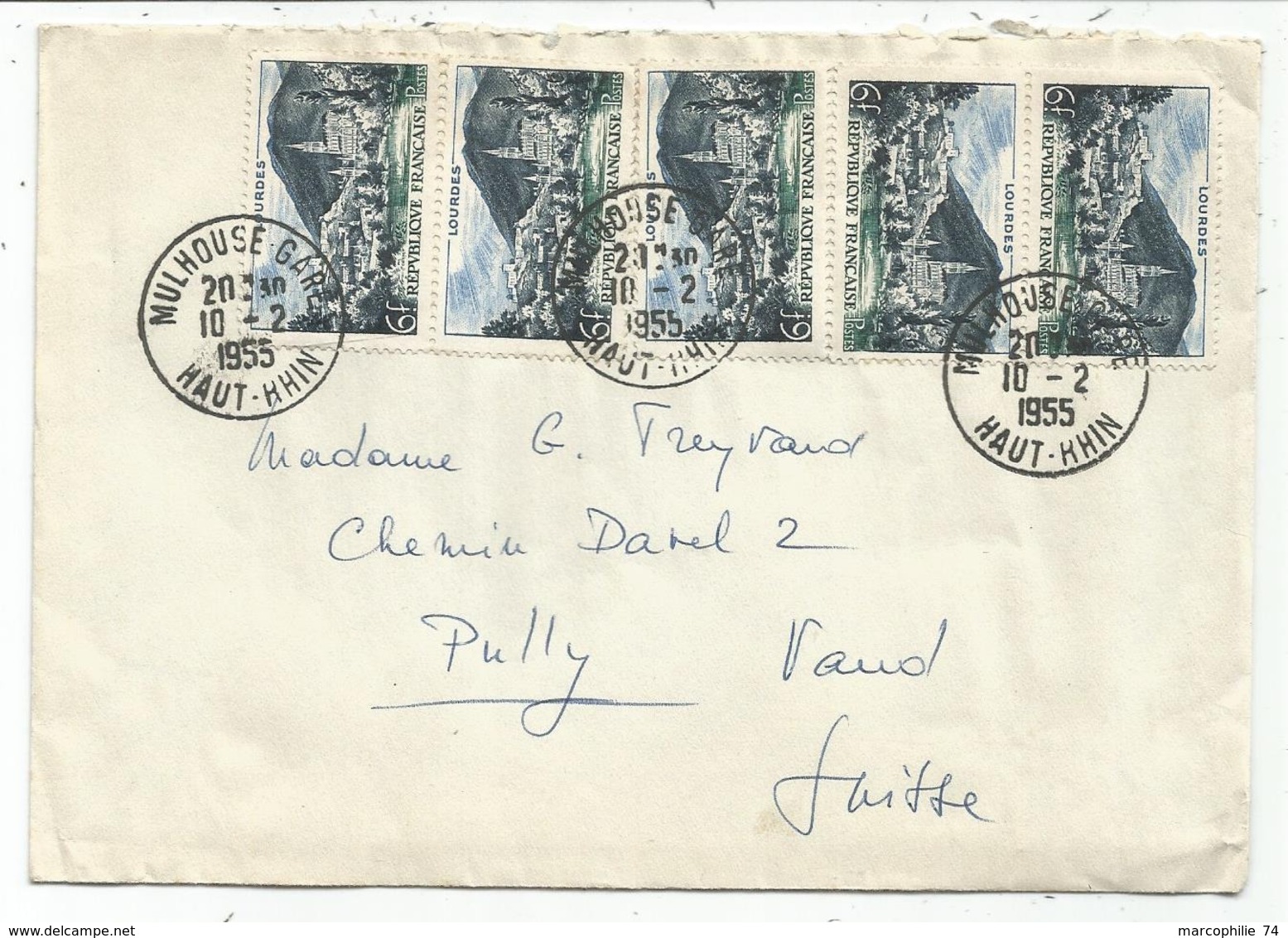 LOURDES 6FRX5 LETTRE MULOHUSE GARE 10.2.1955 POUR SUISSE  AU TARIF - 1921-1960: Periodo Moderno