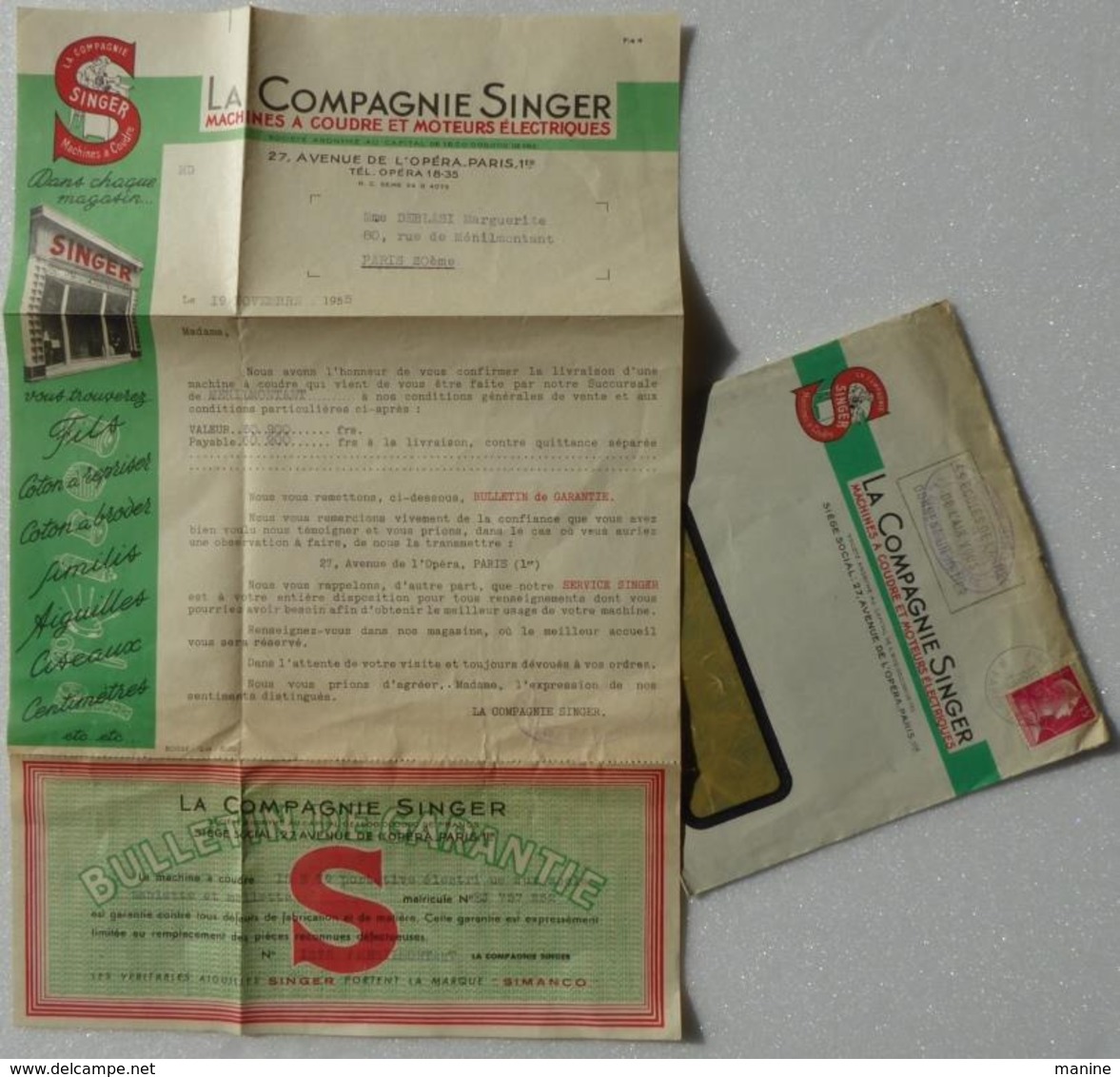 La Compagnie SINGER (machines à Coudre Et Moteur électriques) - Courrier Et Bon De Garantie 1955 - Autres & Non Classés