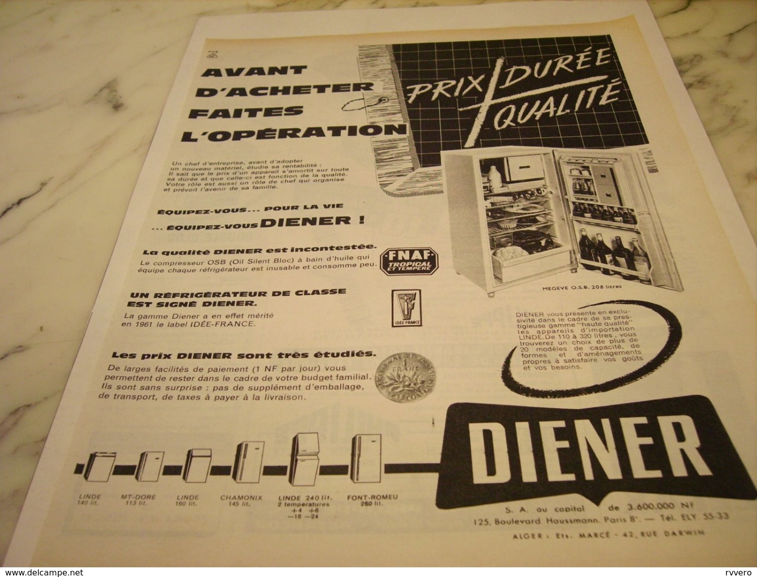 ANCIENNE  PUBLICITE PRIX DUREE QUALITE FRIGO DE DIENER 1961 - Otros Aparatos