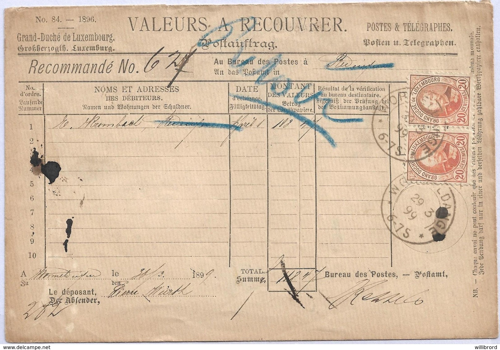 Luxembourg - 1899 20c Adolphe PAIR - POSTAUSTRAG - WORMELDANGE To REDANGE - 1891 Adolphe De Face