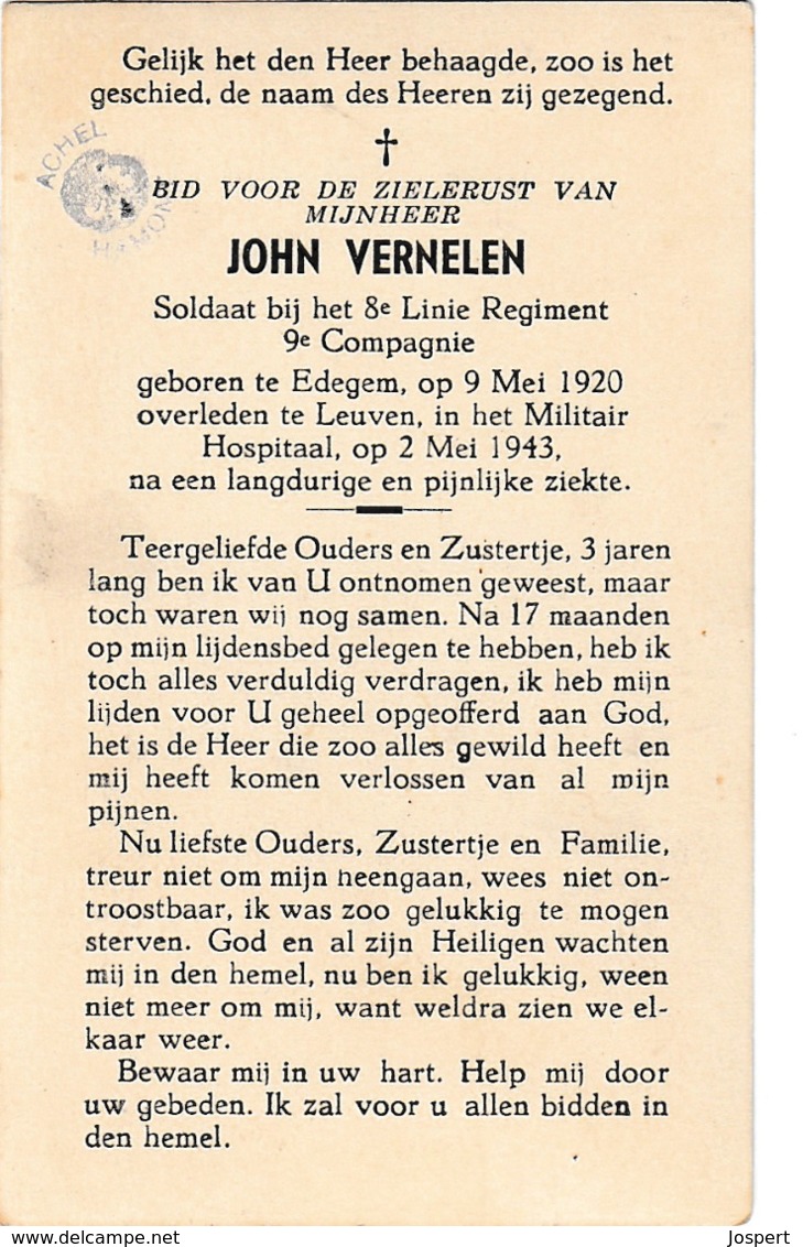 Edegem, Leuven, 1943, Achel-hamond, Soldaat : John Vernelen - Imágenes Religiosas
