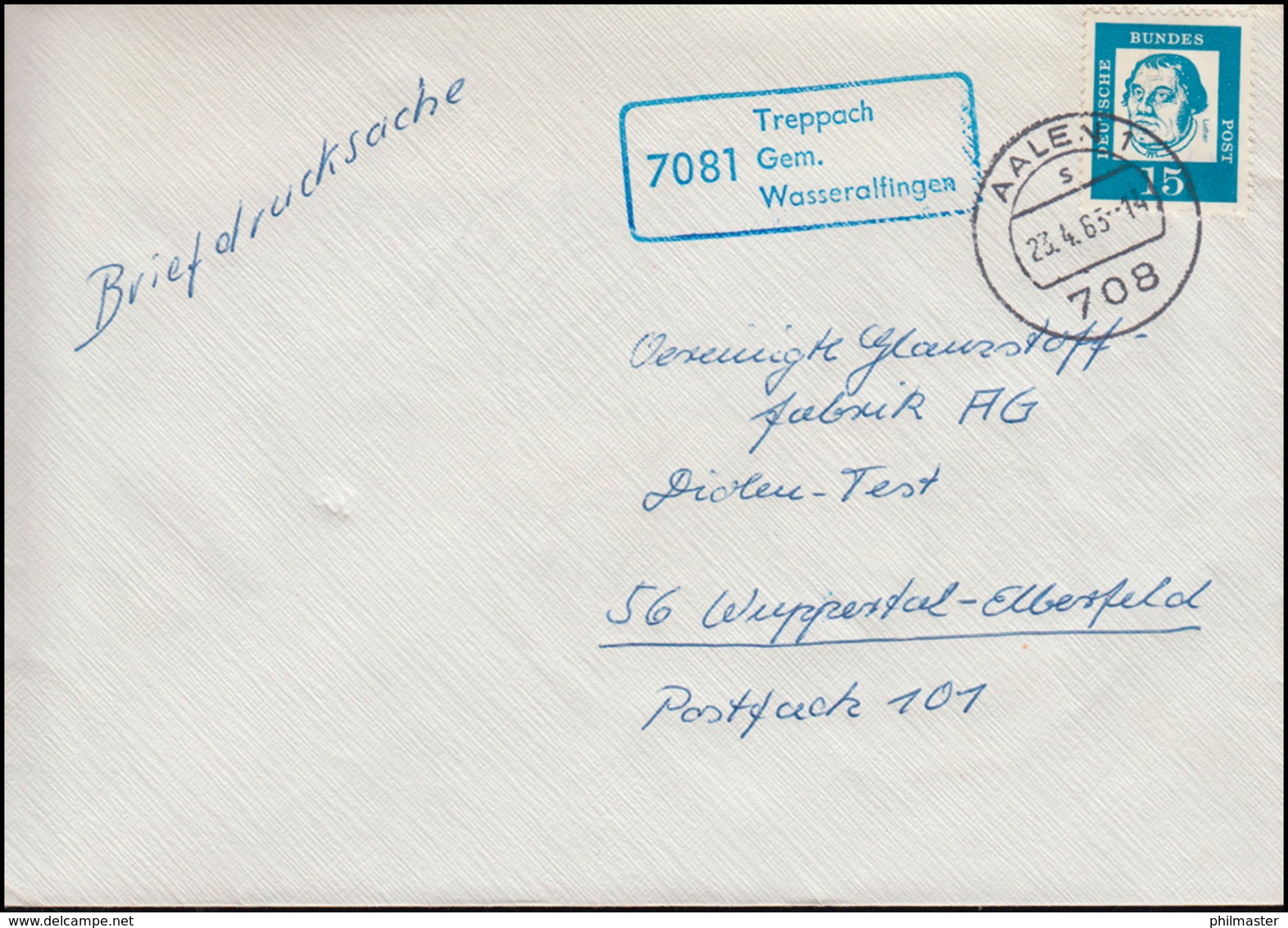 Landpost-Stempel 7081 Treppach Gem. Wasseralfingen Briefdrucksache AALEN 23.4.63 - Autres & Non Classés