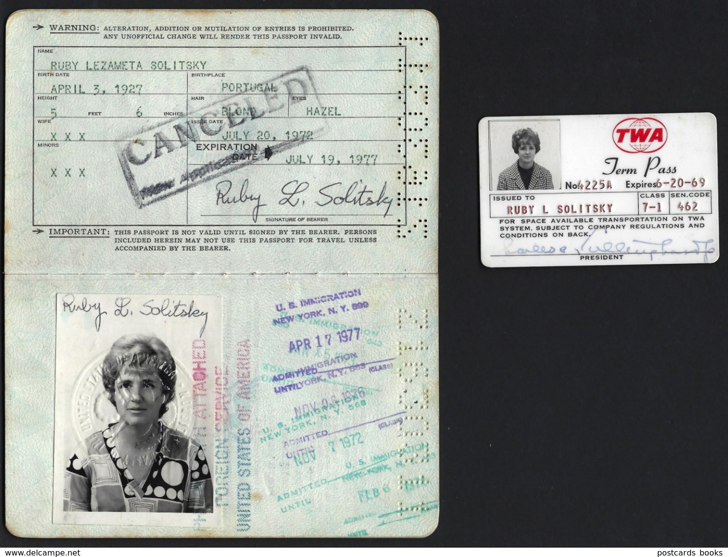 US PASSPORT + TWA CARD Woman RUBY LEZAMETA  SOLITSKY US Embassy In Portugal + Immigration Cancels / 1970s - Documents Historiques