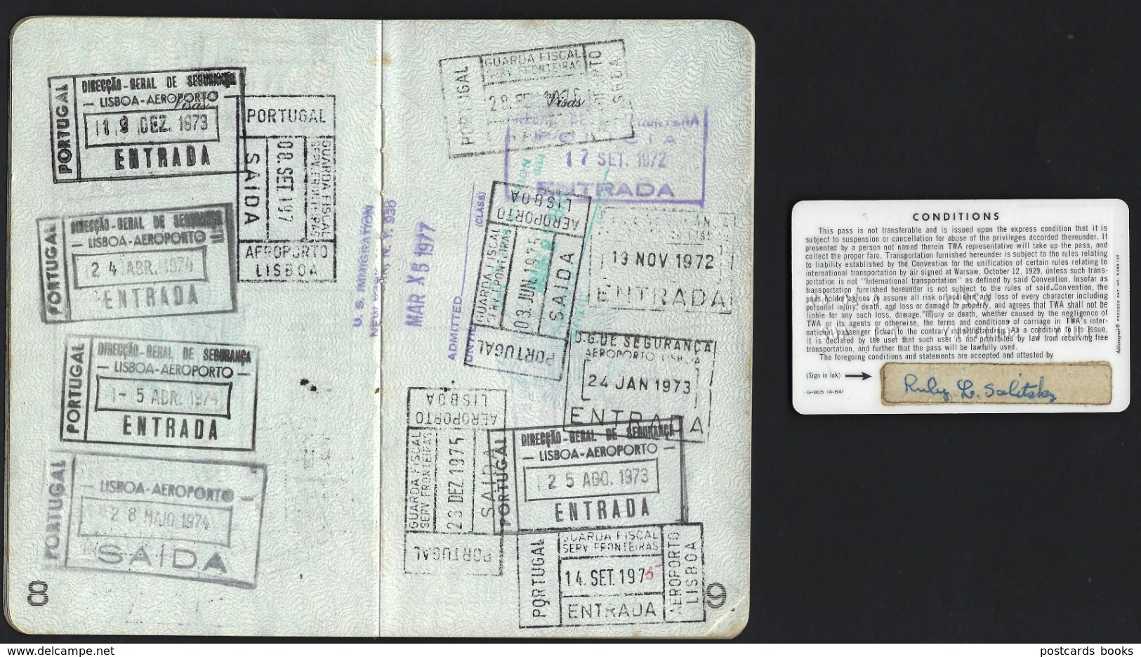 US PASSPORT + TWA CARD Woman RUBY LEZAMETA  SOLITSKY US Embassy In Portugal + Immigration Cancels / 1970s - Documents Historiques