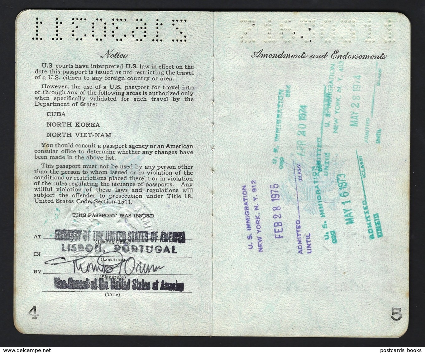 US PASSPORT + TWA CARD Woman RUBY LEZAMETA  SOLITSKY US Embassy In Portugal + Immigration Cancels / 1970s - Documents Historiques