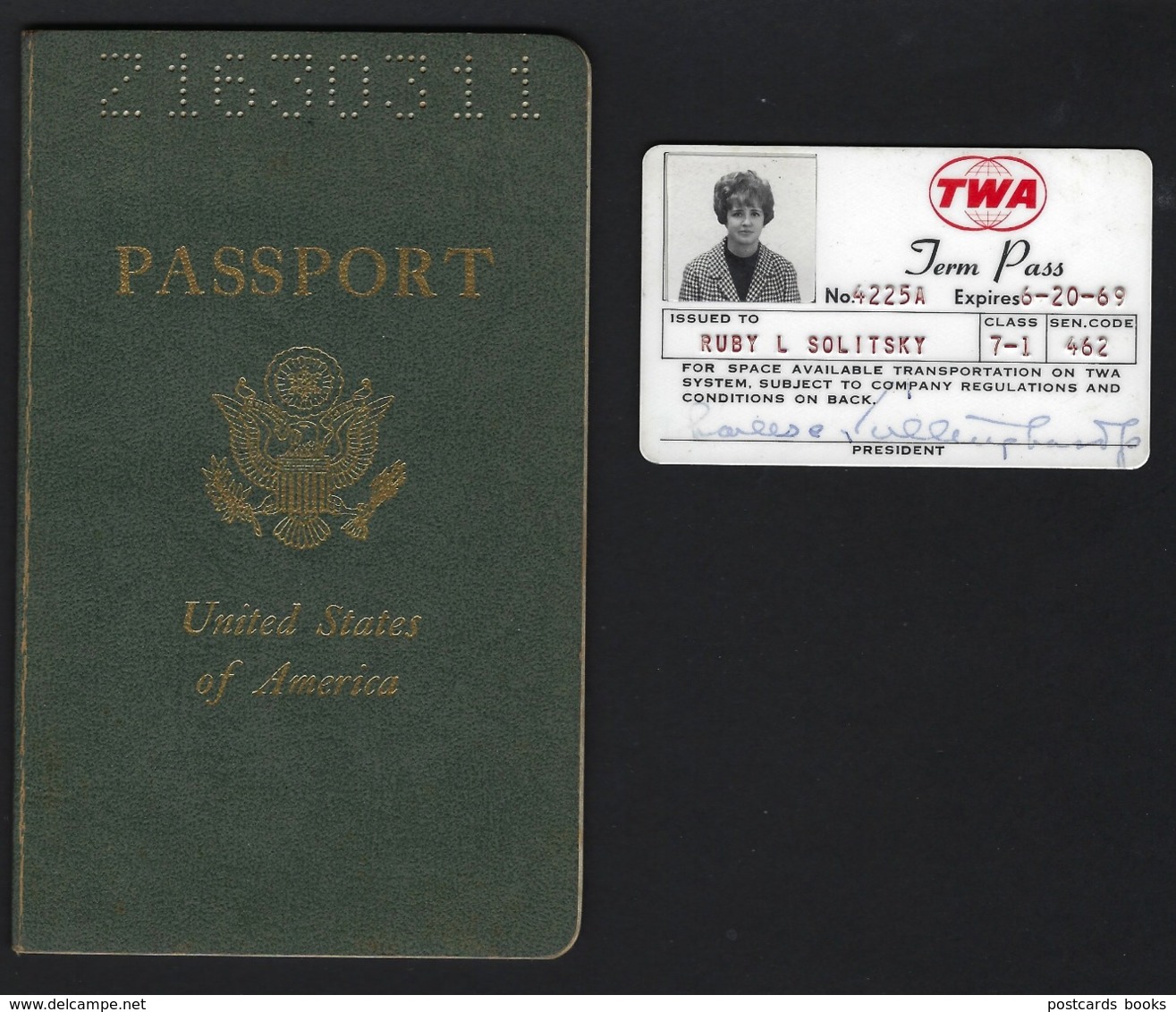 US PASSPORT + TWA CARD Woman RUBY LEZAMETA  SOLITSKY US Embassy In Portugal + Immigration Cancels / 1970s - Documents Historiques