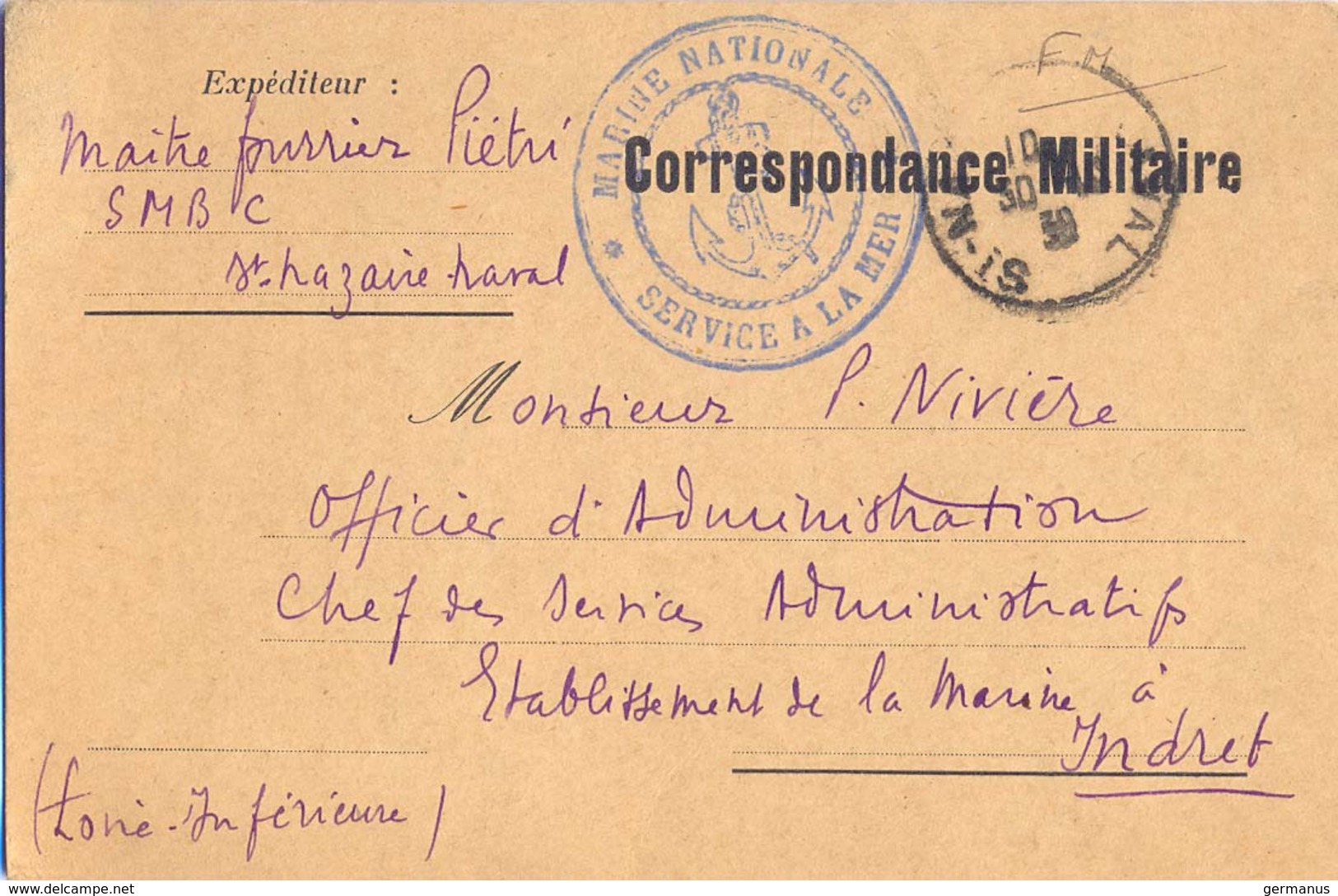 POSTE NAVALE TàD ST NAZAIRE NAVAL 30-10-39 - Envoi MAÎTRE FOURRIER PIETRI S.M.B.C. Pour Ets De La MARINE à INDRET - Correo Naval