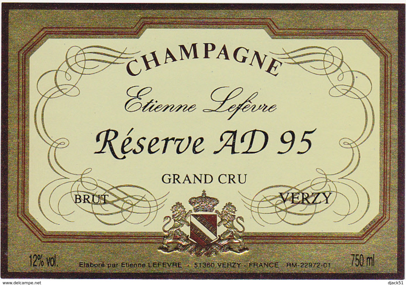 Etiquette Champagne BRUT GRAND CRU / Réserve AS 95 / Etienne Lefèvre ( 51) VERZY / 750 Ml - Champagne