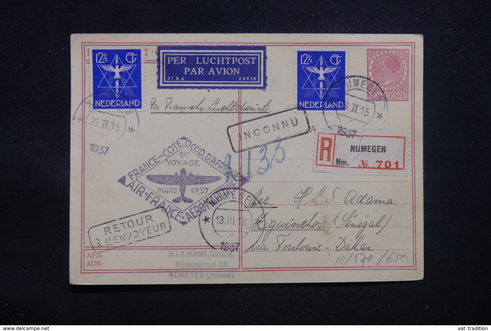 PAYS BAS - Entier Postal + Compléments En Recommandé De Numegen Pour Dakar En 1937 Par Voie Aérienne Française - L 43331 - Entiers Postaux