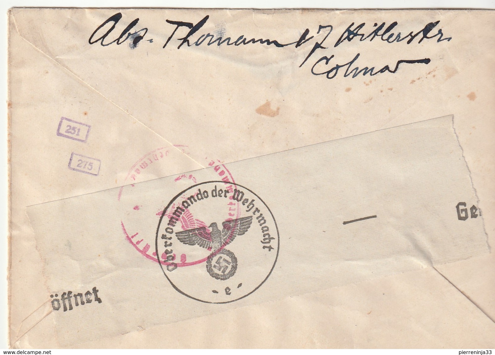 Lettre France Avec Censure / Occupation Allemande En Alsace Avec Timbres Alsace-Lorraine , Colmar--> Paris , 1941 - Covers & Documents