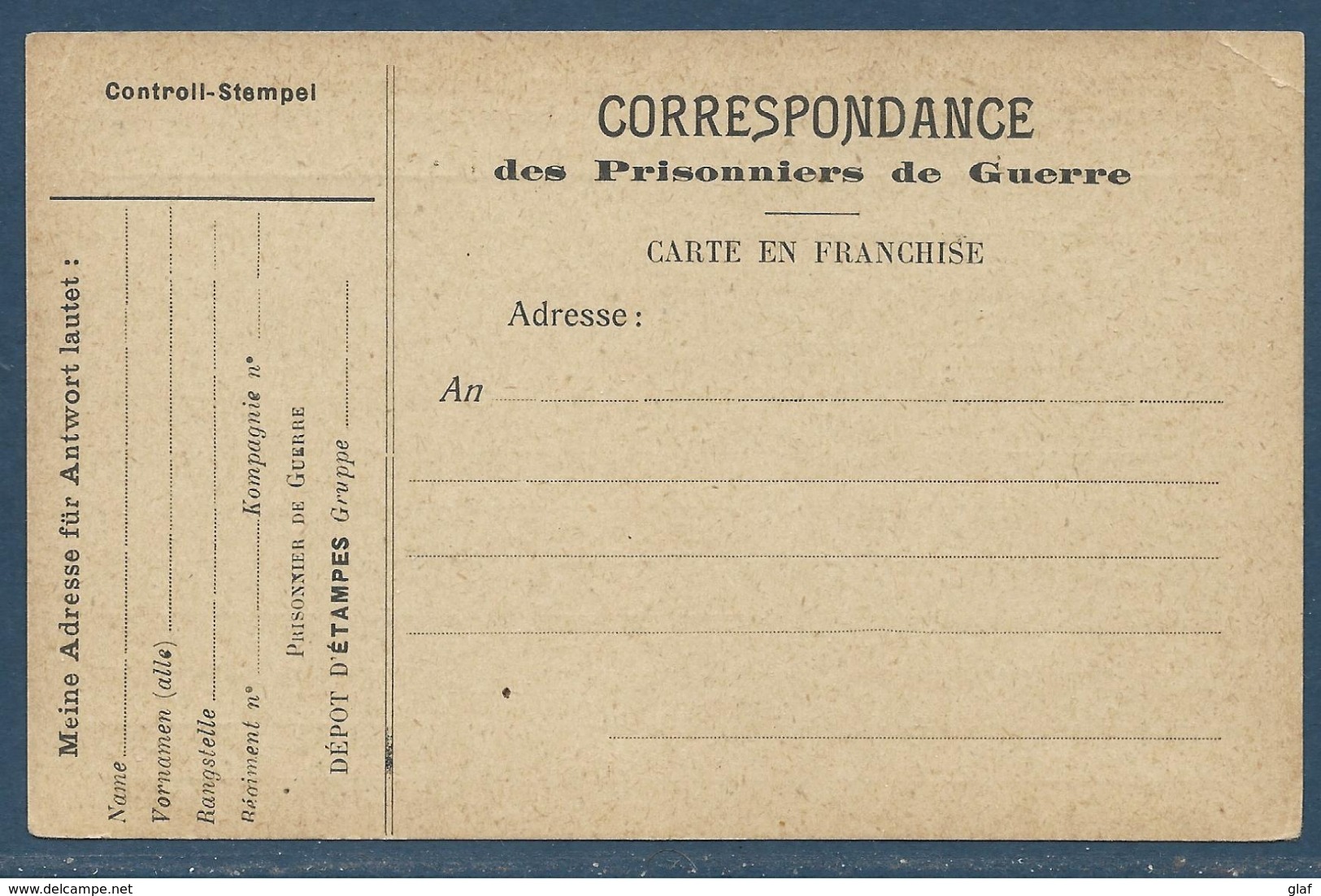 Guerre 14/18 : Carte Postale En Franchise Pour Prisonnier De Guerre Allemand En France – Dépôt D’Etampes - Neuve - Guerre De 1914-18